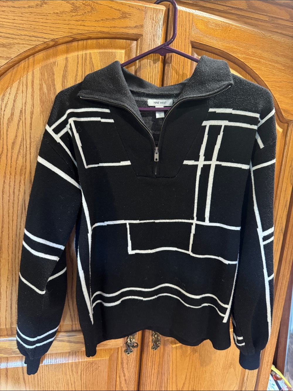 Nine West Black Sweater with White Graphic Lines and Zip Neck